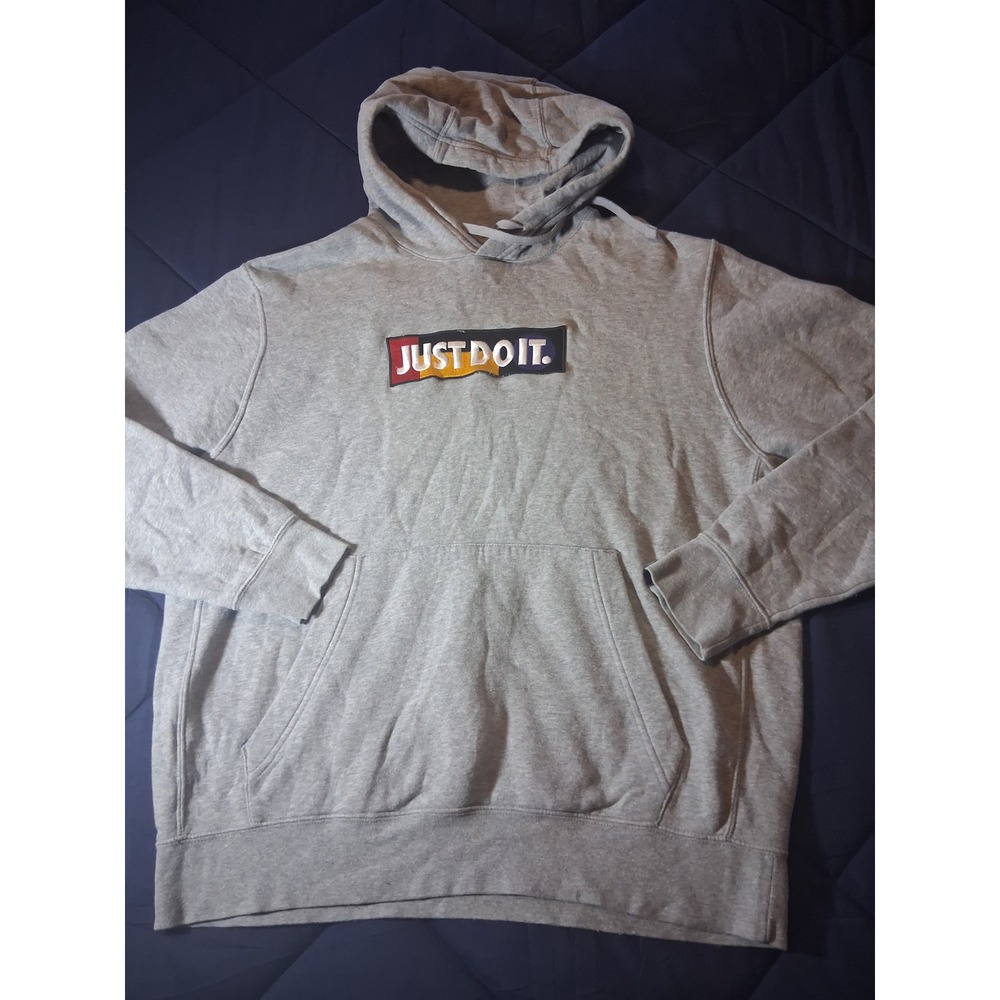 Nike Just‎ Do It Box Logo Hoodie Mens Large Gray Fleece Pullover Sweatshirt